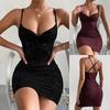 Vestido feminino com decote em V, dourado, sexy, slim, alça cruzada