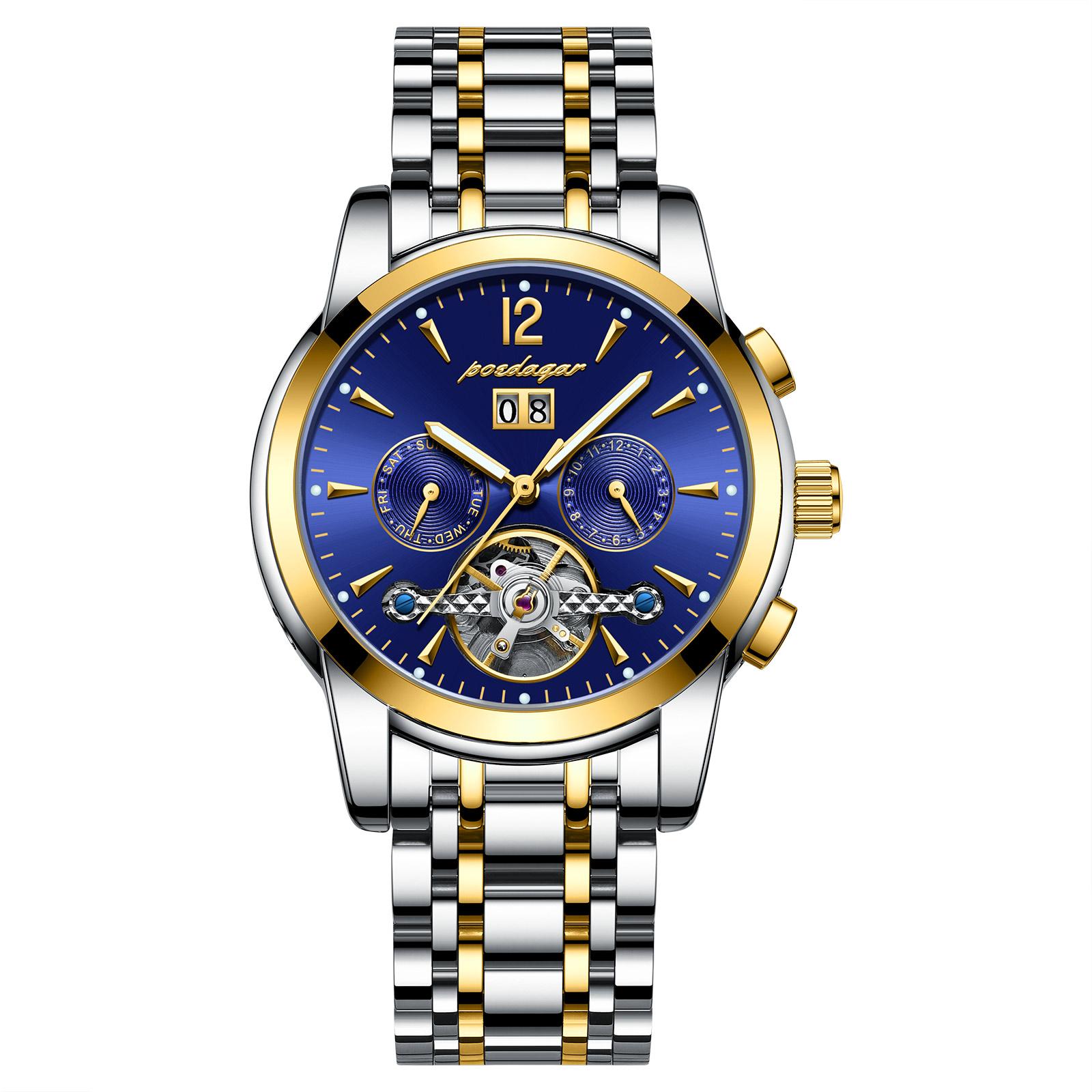 

POEDAGAR Automatic Mechanical Luxury Wristwatch Tourbillon Waterproof Date&Week Stainless Steel Men Watch + box синий/золотой