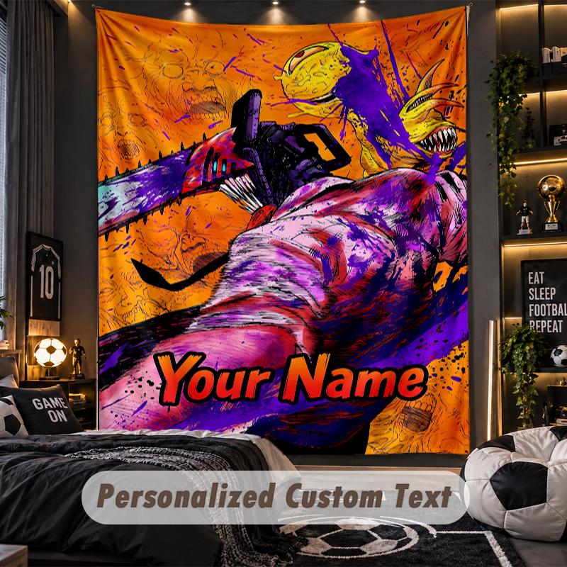 Personalized Wall Tapestry,Chainsaw Man Custom Printed Name, Fabric Wall Art For Indoor Room Backdrop