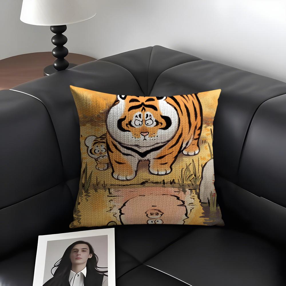 Cute Tiger Fashion Cushion Cover Natural Linen Organic Fabric DoubleSided Printing Sofa Home Decor Gift Pillow Case