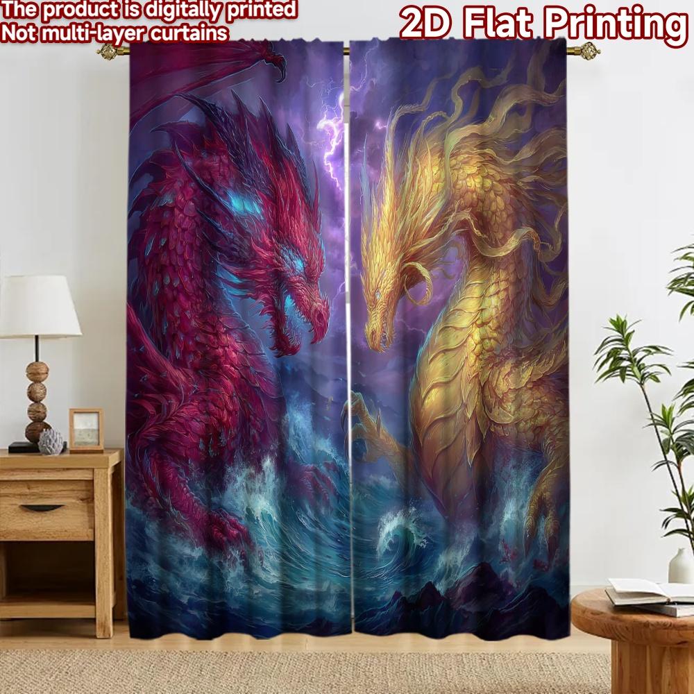 2D Flat Printing 2pcs Curtain Curtains Epic Dragon Battle Scene Digital Printed Polyester Drapes Party Decorations for Indoor