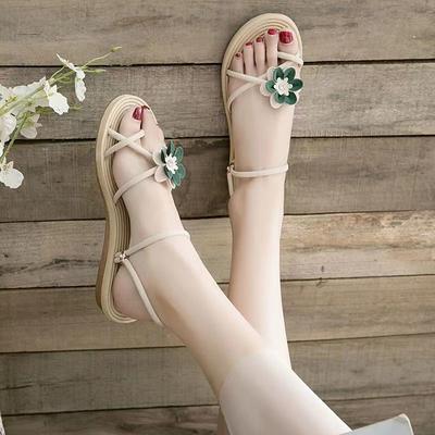 Strand Outdoor Flache Gummi Runde Zehenspitze Blumen Damen Sandalen Schick und Elegant Sommer 2025 Angebote Luxus Korea Damenschuhe
