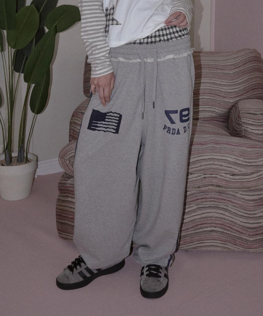 PRENDA Check Layered Sweat Wide Pants Gray