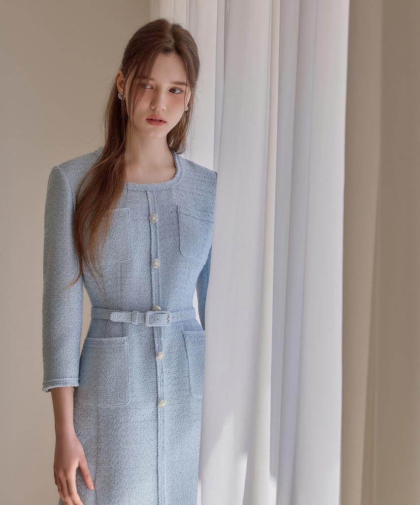 Julie And Kara 26Ss Calla136 Shebigins Bella Tweed Dress Sky Blue