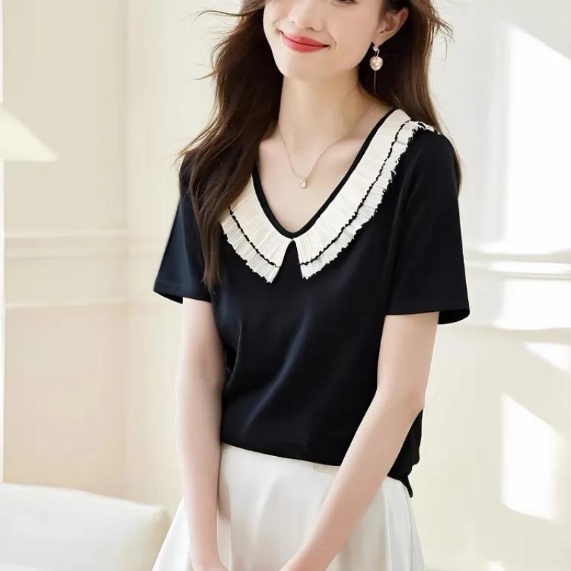 Women's Black Blouse Casual V-Neck Short-Sleeve Contrast Ruffle Trim Top