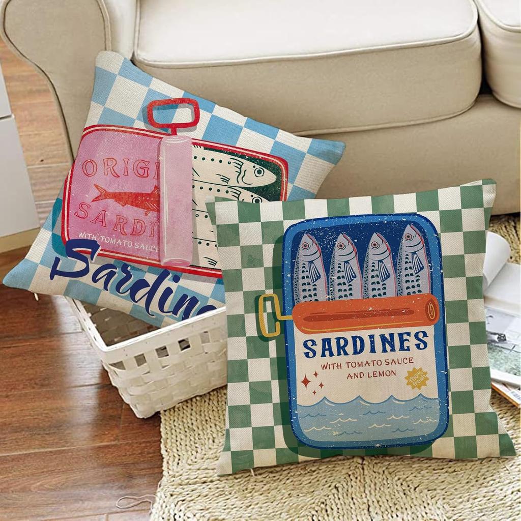 Sardines Can Decorative Throw Pillow Covers 18 x 18 Set of 4, Beach Coastal Fish Fisherman Aesthetic Porch Outdoor Home Decor, Retro Nautical Plaid