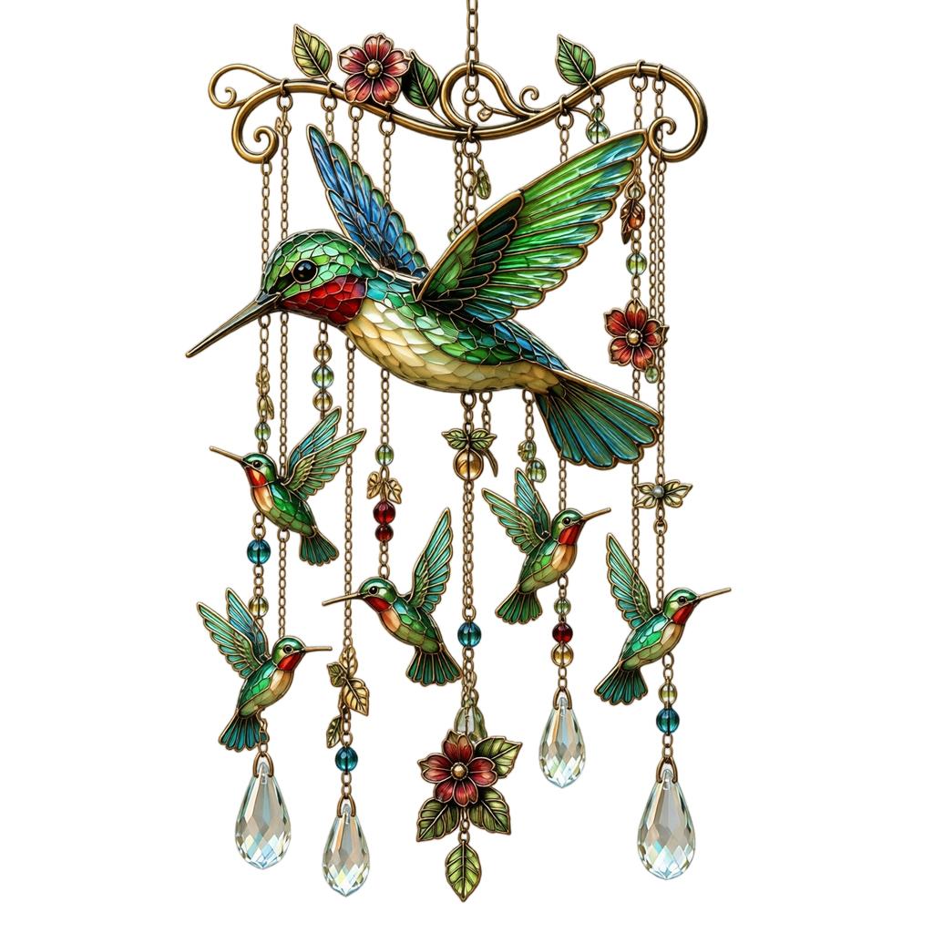 Stained Glass Hummingbird Wind Chime with Hanging Crystals and Floral Accents for Indoor Outdoor Home Garden Decor