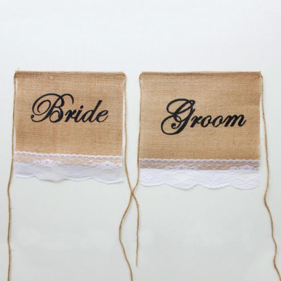1 Set Chair Banner Letter Printed Washable Burlap Wedding Banquet Groom Bride Dining Chair Flag with Lace Festival Decor