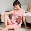 Summer comfortable crew neck pajamas for women, striped cartoon short-sleeve three-piece loungewear, in stock, direct order