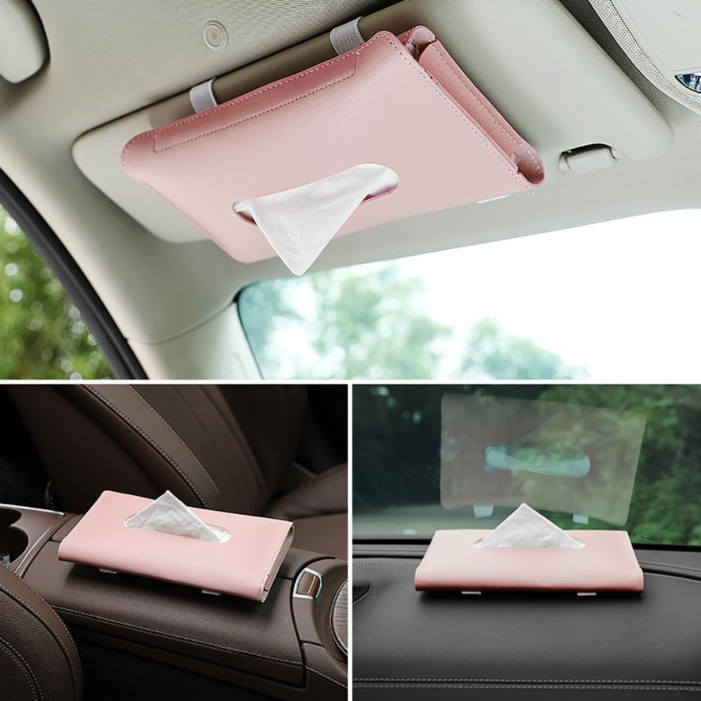 Car Tissue Case Tissue Cover Tissue Box Sun Visor Mounting Tissue Holder PU Leather Hanging Car Accessories (Pink)