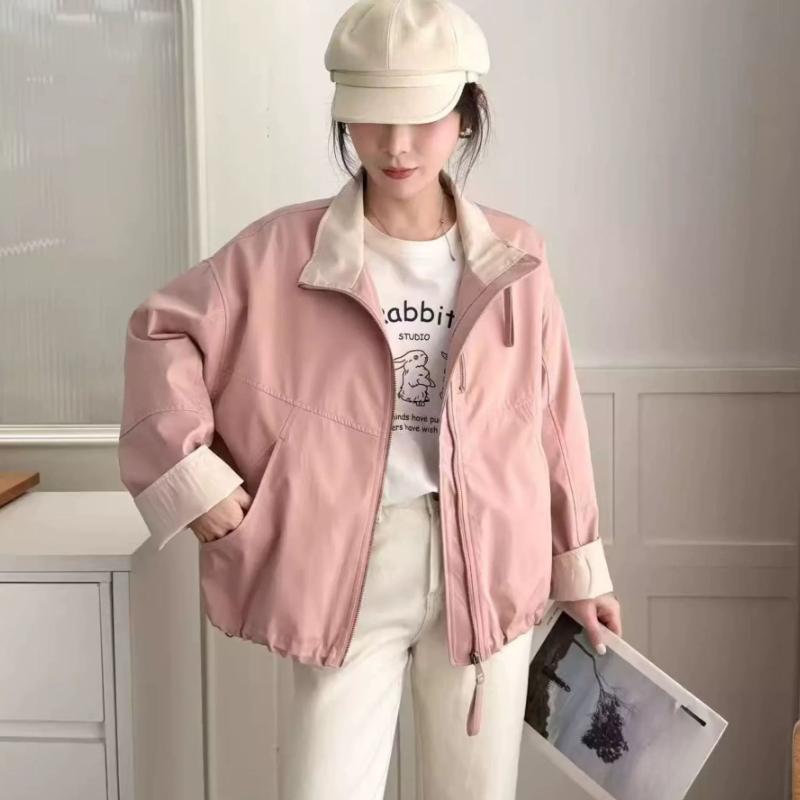 Women's Stand Collar Short Length Zip-Up Windbreaker Jacket Loose Casual Versatile Outerwear Top