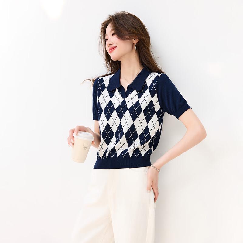 

Women s Silk-Blend Jacquard Knit Short Sleeve Lapel T-Shirt M