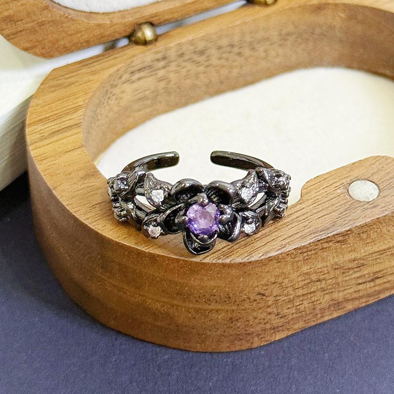 Dark Girl Purple Diamond Bauhinia Zir*****Pen Ring Sweet And Cool Temperament Adjustable Niche High-End Section Index Finger Ring