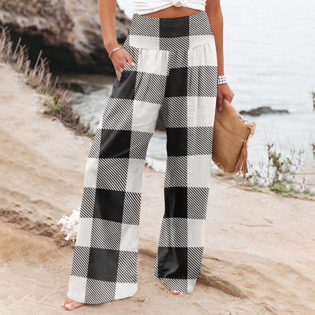 Women's Summer Elastic Waist Plaid Printed Cotton And Linen Loose Trousers