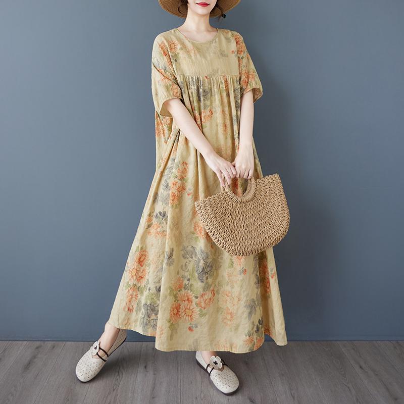 DIMANAF 2025 Summer Women Vintage Printing Plus Size Long Dress Short Sleeve Casual Basic Loose Dress