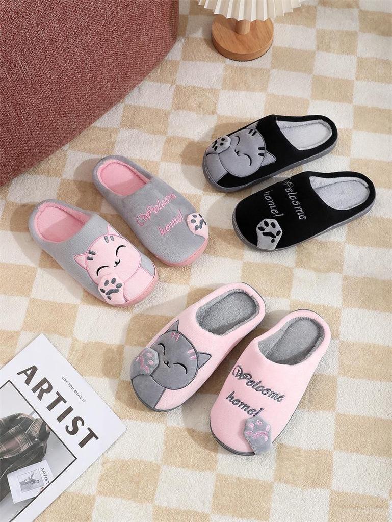 Women's Cozy Cartoon Cat Slippers - Cute Warm Indoor Cotton Slippers for Autumn/Winter