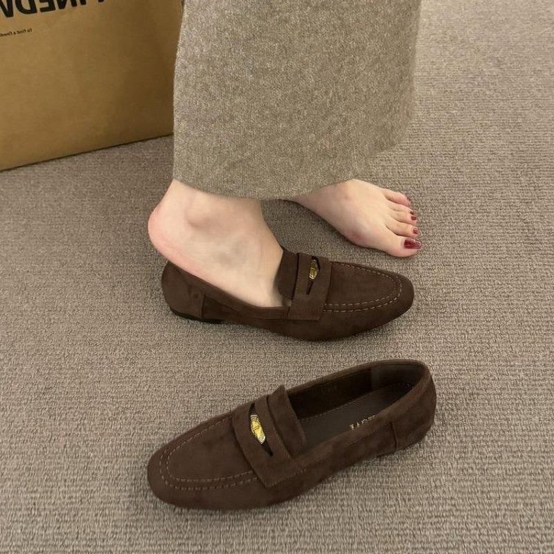 Round Head Lazy Low Thick Sole Deep Mouth Suede Heel Small Leather Shoes One Foot Flat Bottom Female Autumn and Winter Female