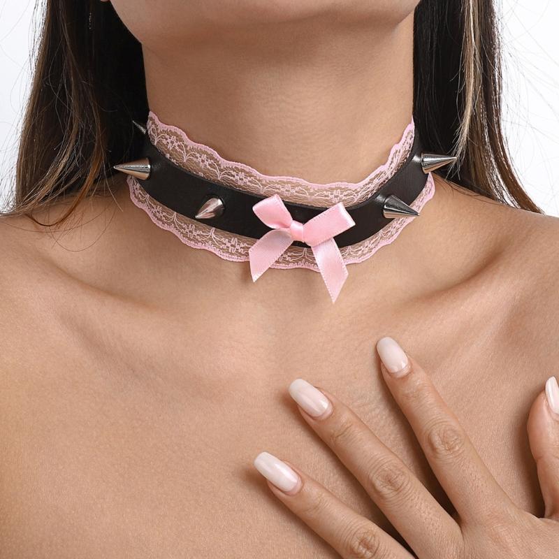 Lace Bowknot PU Pendant Short Necklace for Women Trend Cosplay Clavicle Choker Adjustable Collar Girls Party Jewelry