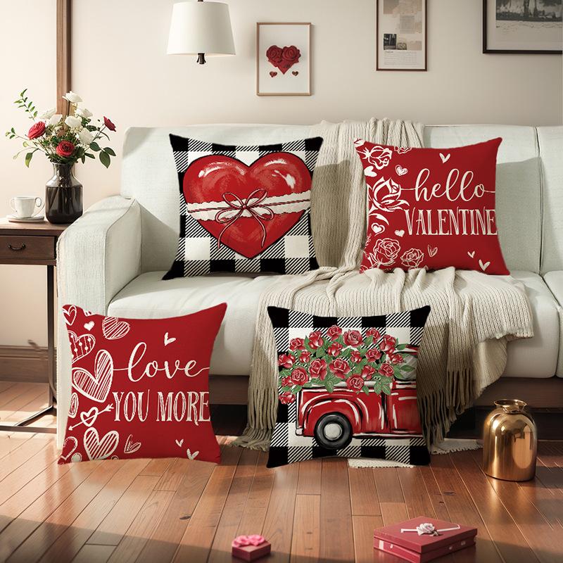 Classic Plaid Print Pillow Cover Valentine's Day Red Letter Love Home Sofa Decorative Cushion Pillow