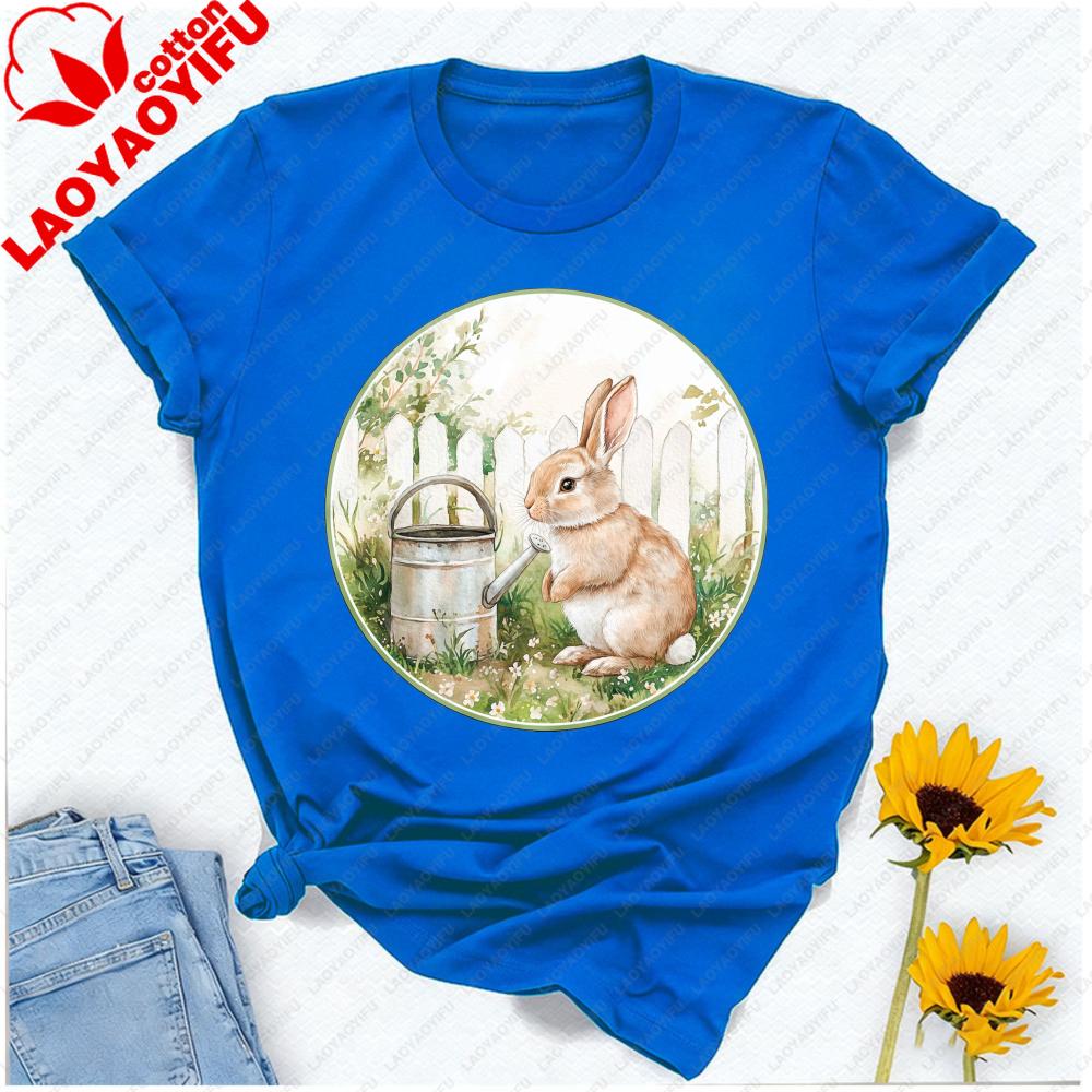 Watercolor Garden Bunny Tshirt Rabbit With Watering Can Fence Floral Graphic Tshirts Vintage Aesthetic Festive Casual Tshirts