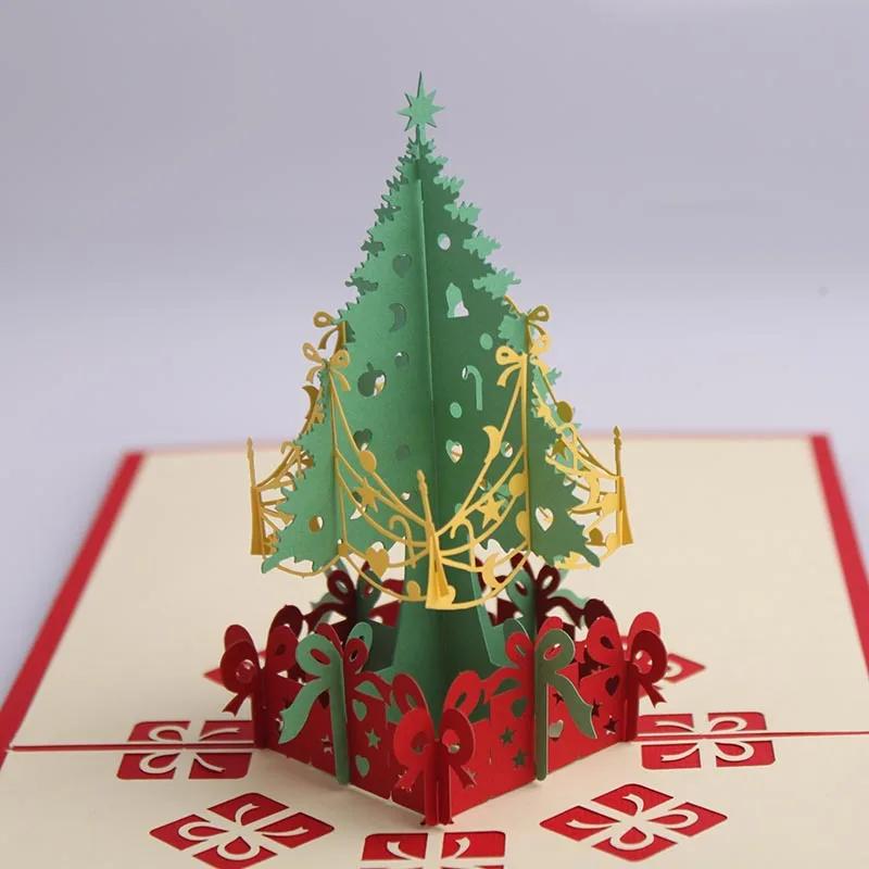 Merry Christmas Cards 3D Pop Up Christmas Tree Cards Christmas Decoration Winter Gift Laser Cut New Year Santa Greeting Cards
