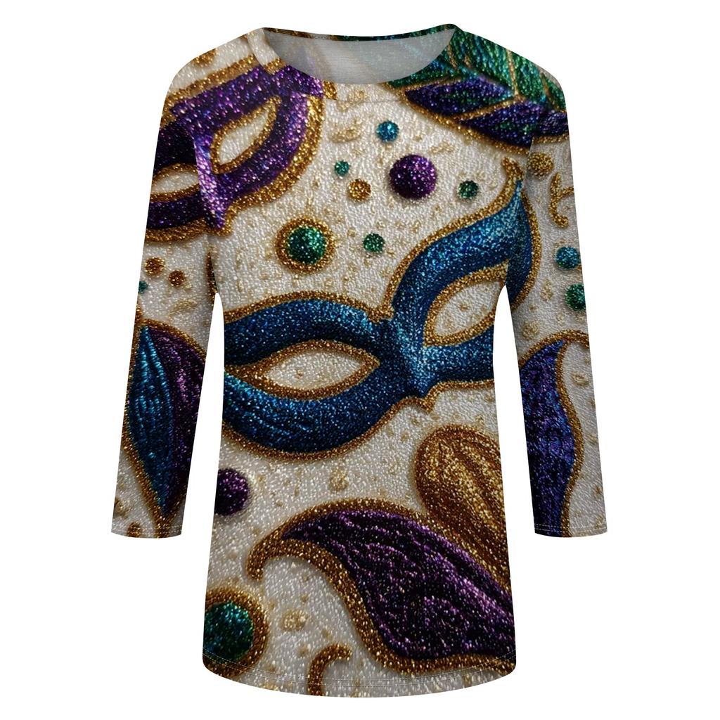 Top de Cuello con Estampado de Carnaval de Manga Tres Cuartos Casual y a la Moda para Mujer
