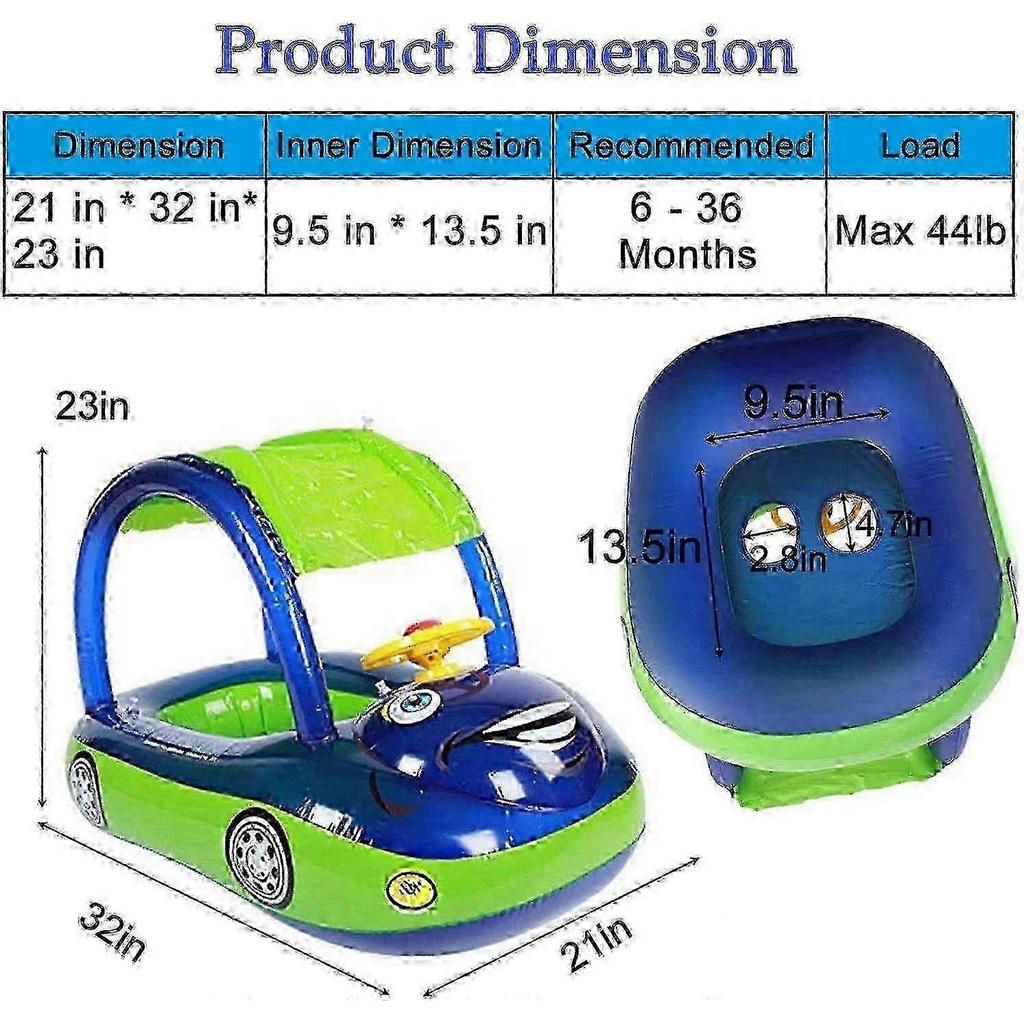 Baby Inflatable Pool Float with Canopy, Car Shaped Swim Float Boat with Sunshade & Steering Wheel, Cartoon Swim Seat Ring for Toddler Infants