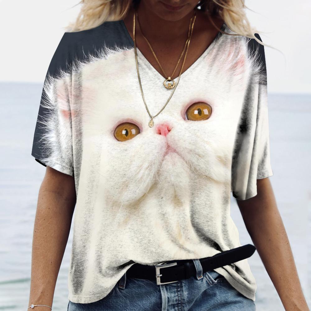 Mode Dier Kat 3D Print T-shirt Dames T-shirt V-hals Oversized Dames Tee Tops Zomer Streetwear Harajuku Y2k Kleding