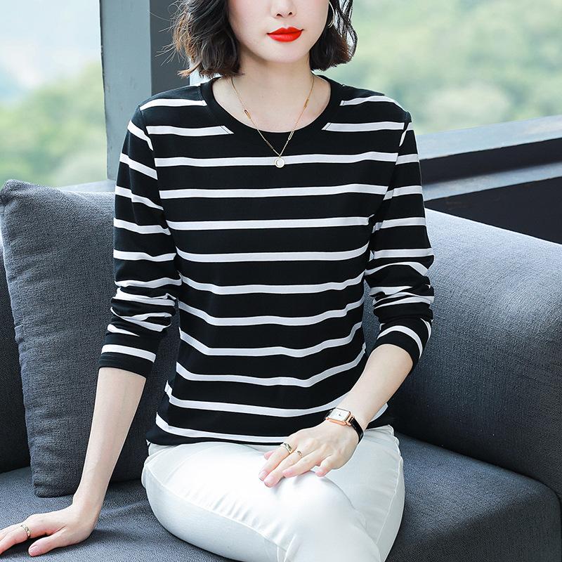 Women Plus Size Striped Long Sleeve T-Shirt O-Neck Cotton Loose Casual Fall Basic Base Top M-5XL