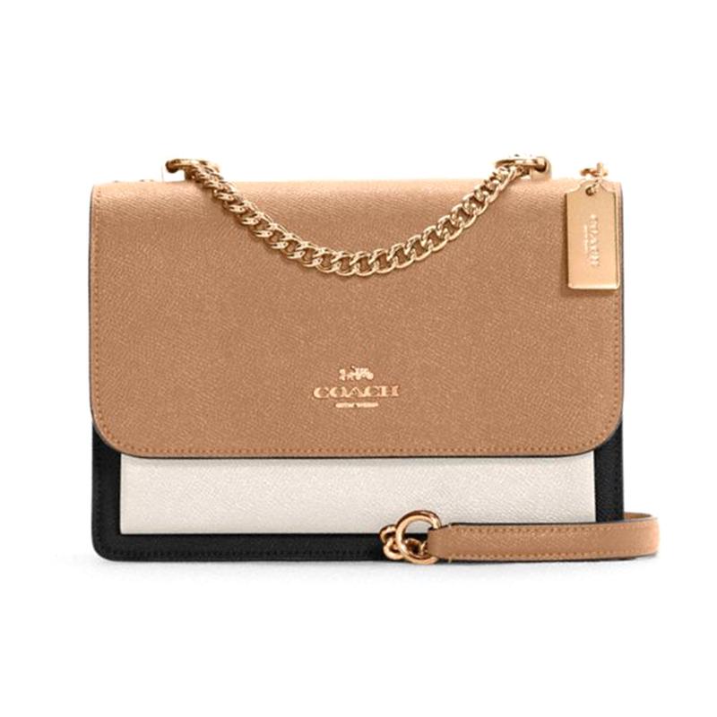 

COACH Klare 22 Apple flip accordion chain casual fashion cowhide crossbody bag small size women s coffee color stitching black and white чорний