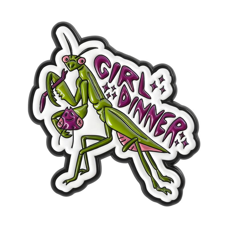 Girl Dinner Enamel Pins Cartoon Praying Mantis Brooch Lapel Badges Cute Insect Feminist Women Power Jewelry Gift for Friends