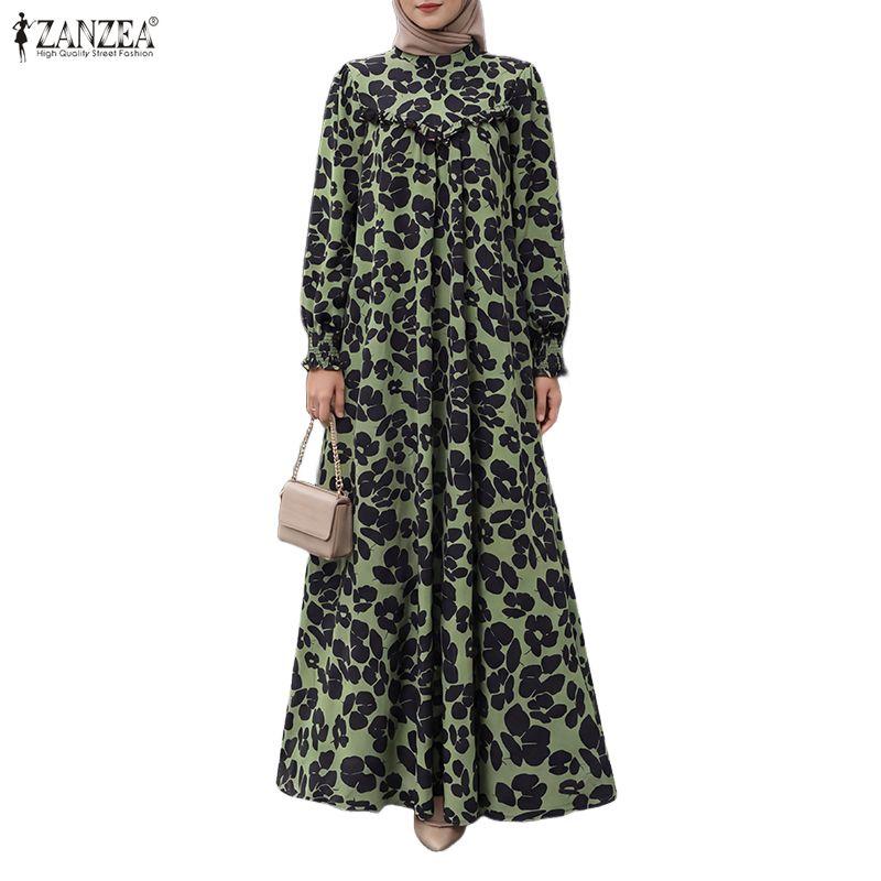 ZANZEA Damen Lässig Rundhals Locker Langarm Print Langes Kleid