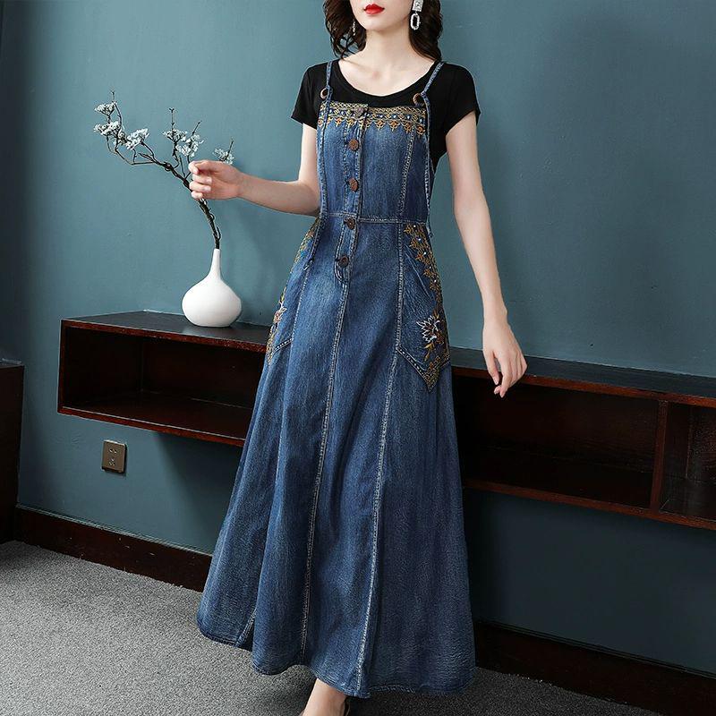 Ethnic Embroidered Denim Strappy Maxi Dress - Slimming Ankle-Length Style