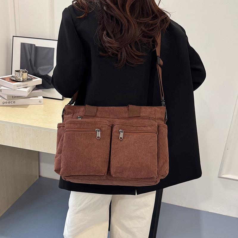 Multi-Pocket Corduroy Women Shoulder Bags Autumn Simple Solid Color Ladies Crossbody Bag Large Capacity College Handbags Tote