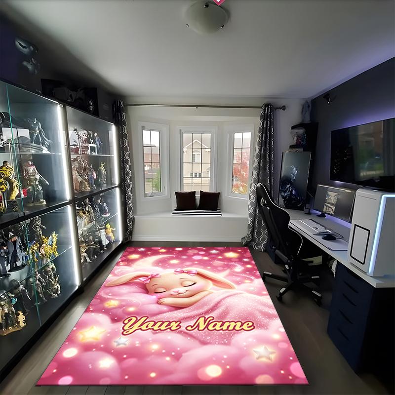 1PC Custom Name Dreamy Bunny Night Theme Floor Mat Ideal for Living Room, Game Rooms, Office, Bedroom,Floor Mat Playful Design