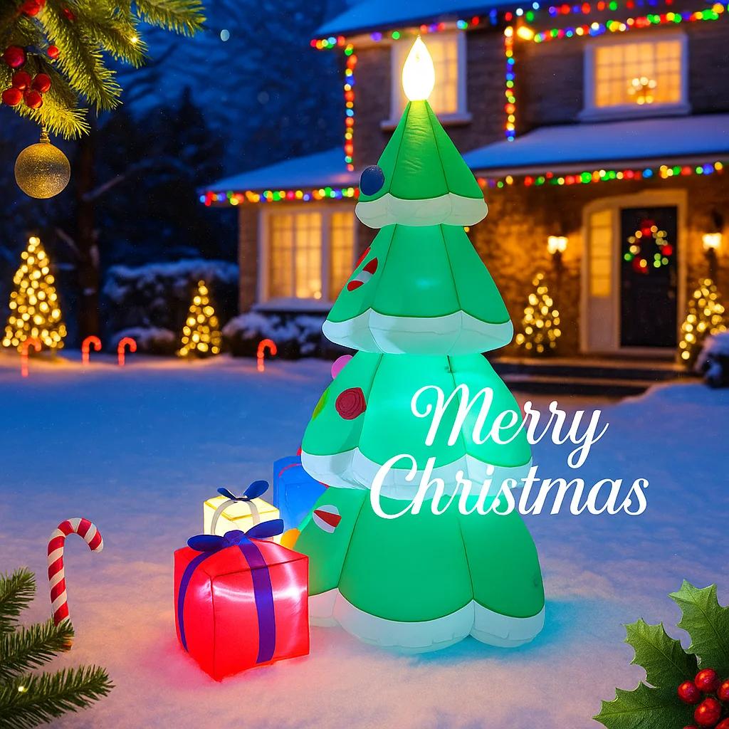 6.89FT Inflatable Toy Christmas Tree Decor Set Santa Claus Dog Gifts Box Xmas Yard Supplies LED Lit Home Ornament Festive Gift