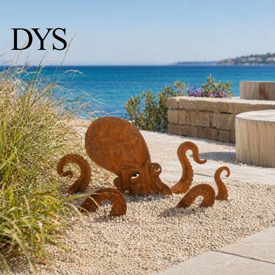 Octopus Garden Ornament Rust Patina Giant Squid Sculpture, 3D Metal Nautical Outdoor Marine Themed Decor Statue for Patio Lawn Beach House Decor,