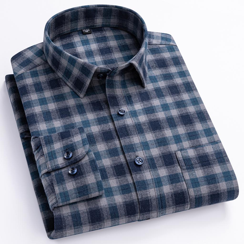 Over Size 100%cotton Brushed Plaid Long Sleeve Shirts for Men Single Pocket Casual Tops Soft Vintage Elegant Designer Clothes