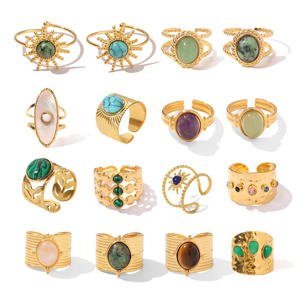 18k Gold Plated Retro Gemstone Ring - European & American Style Stainless Steel Jewelry for Women