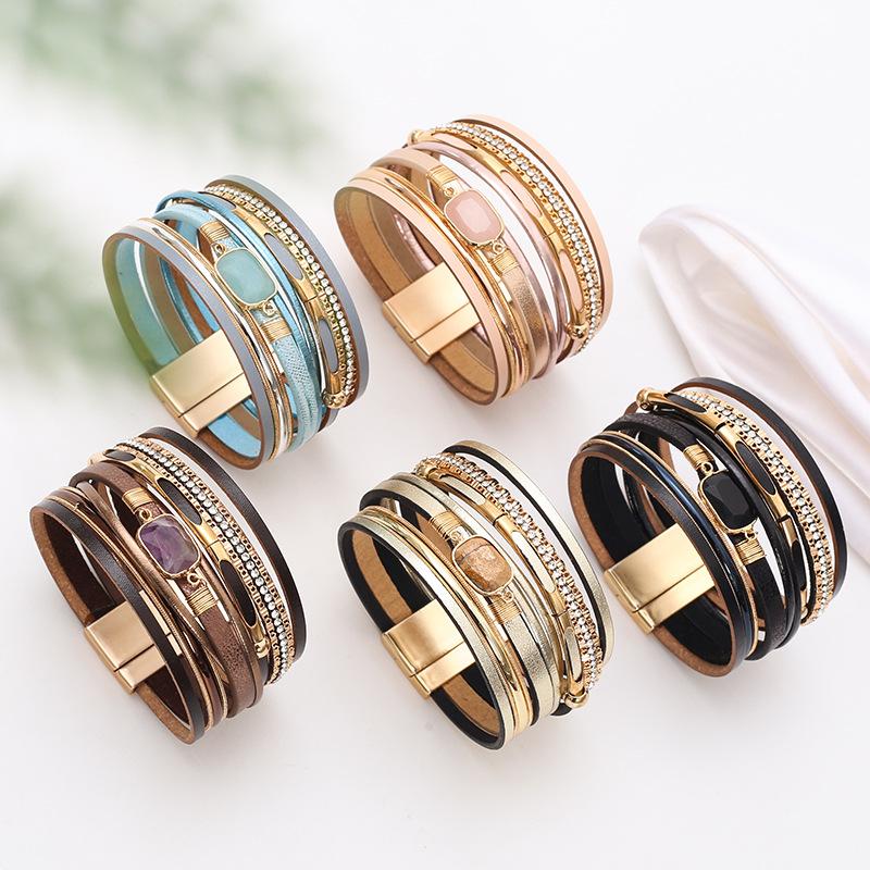 Crystal Magnet Buckle Leather Bracelet Woven Multi-layer Bangle Jewelry Accessory