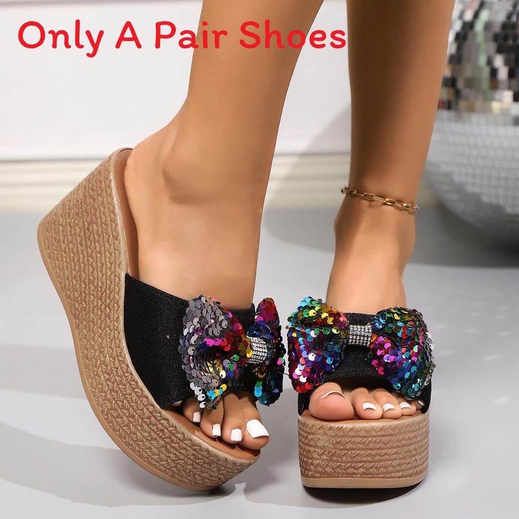 Summer Womens Flip Flops With Glitter Butterfly Bow Pu Rubber Sole Casual Flat Sandals For Large Sizes