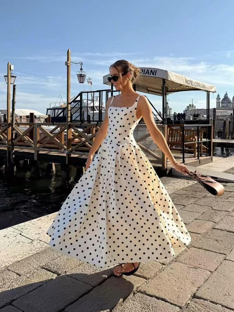 Nanyou Sommer Retro Gepunktetes Spaghettiträger Schwingkleid für Damen