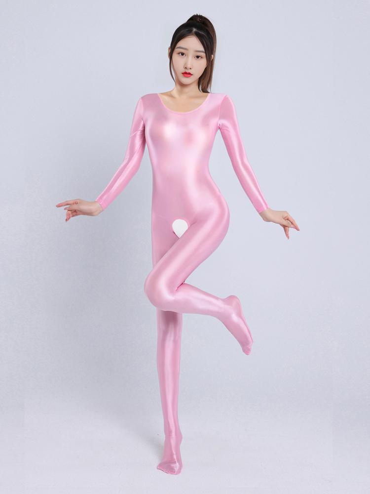 Sexy Women Candy Color Jumpsuit High Elastic Slip Satin Shiny Bodysuit Slimming Tight Open Crotch Leotard Shaper Wear