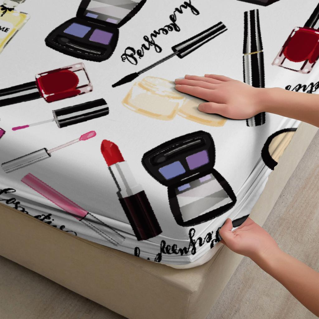 3pcs White Fitted Sheet Sets Decor For Girls Room Cosmetics Makeup Brushes Lips Perfume 3D Printed Flat Sheet With 2 Pillowcases