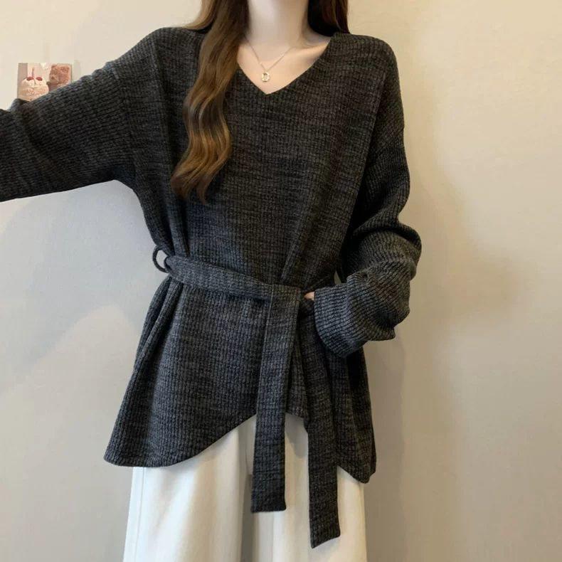 

Топ с нерегулярным вырезом и длинным рукавом большого размера для женщин - Свободный крой M (up to 120 jin) черный серый