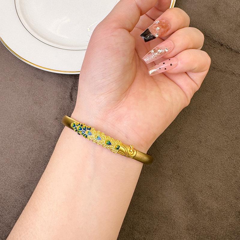 Enamel Burnt Blue Peacock Open Ethnic Style Jewelry Bracelet