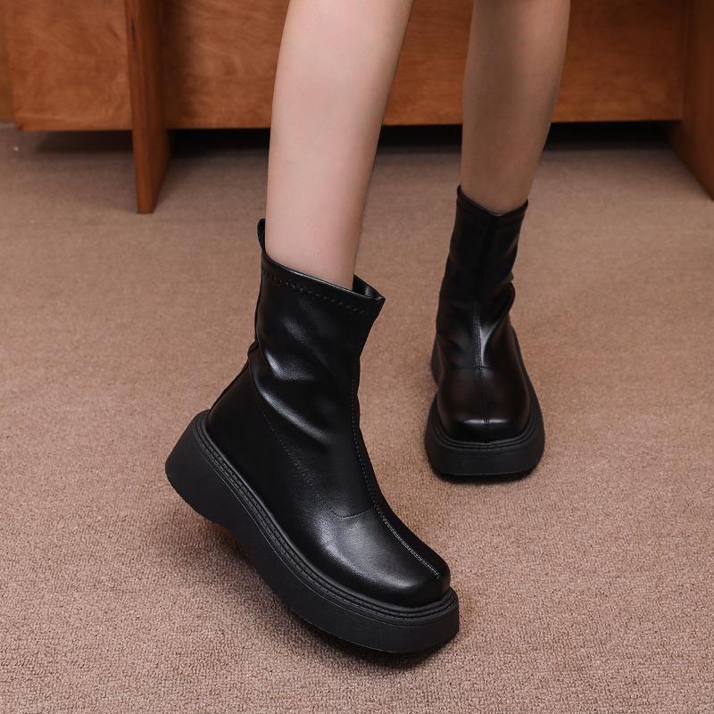 Elastic thin boots women's new autumn and winter thick-soled heightening simple Martin boots spring and autumn single boots