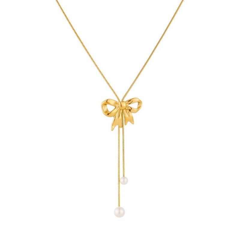 Gold Plated Bowknot Faux Pearl Y-Shape Snake Chain Necklace for Women Stainless Steel