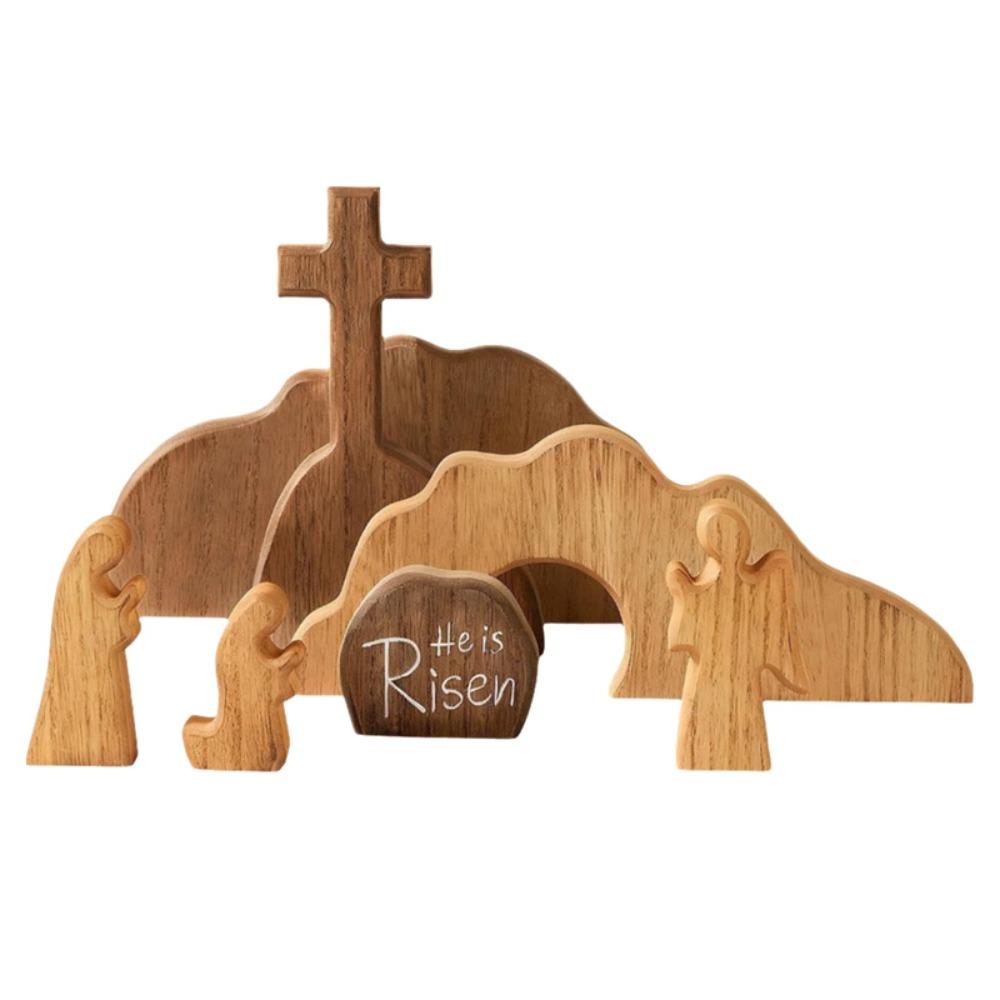 Wooden Empty Tomb Easter Scene Ornament Mini Decorative Easter Resurrection Scene Statue DIY Easter Cross Ornament