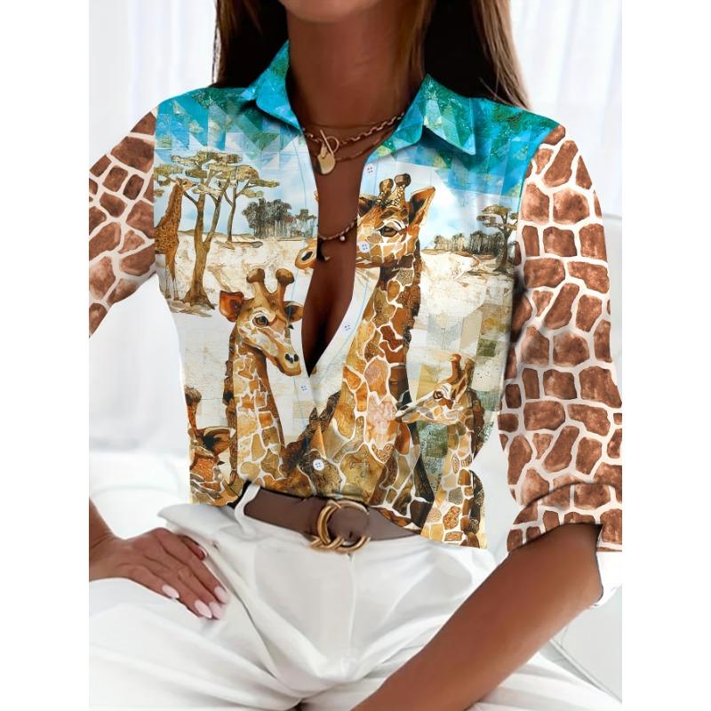 Boutique Pattern Printed Button Long Sleeve Women's Shirt Vintage Elegant Office Fashion Large Size Women's Daily Lapel Shirt